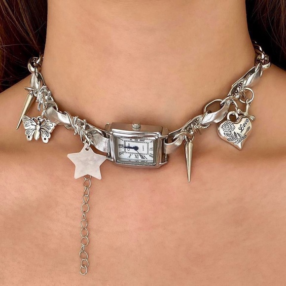 Y2K Silver Watch Clock Choker Metal butterfly star heart whimsical Necklace - Picture 2 of 6